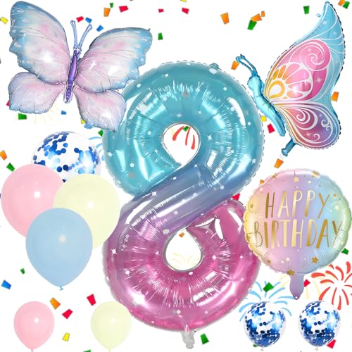 Folienballons Set Zahl 8 Blau Rosa 8 Geburtstag Party Ballon Mädchen Schmetterling Luftballons Dekorationen Supplies für Babyparty Dekorationen Schule Party Feier (Nummer 8) von Auliuse