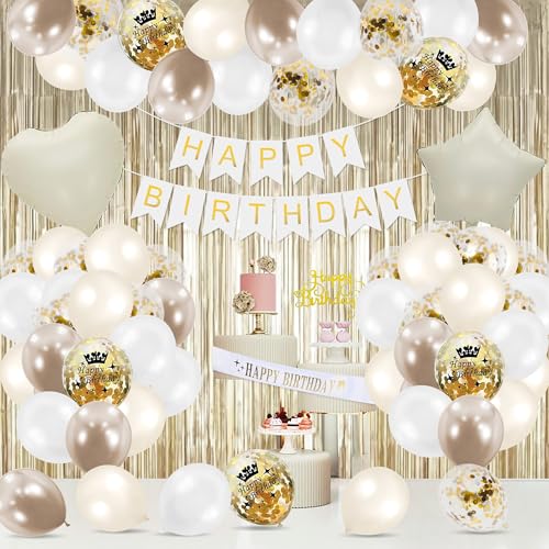 Weiß Gold Geburtstag Dekorationen, Party Decora Happy Birthday Banner, Folienballon Kuchen Topper Golden Fransen Vorhang für Frauen Männer Boho Party Supplies Weiß Gold Geburtstag Dekorationen, Party Decora Happy Birthday Banner, Folienballon Kuchen Topper Golden Fransen Vorhang für Frauen Männer Boho Party Supplies von Auliuse