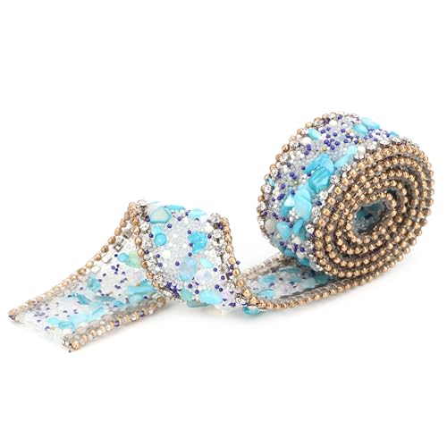 MESH WRAP ROLL CRYSTAL STRASS KETTENBAND DEKORATION FÜR HOCHZEITSACCESSOIRES (Blauer Stein + Goldperlen und Diamantkette) von Aumotop