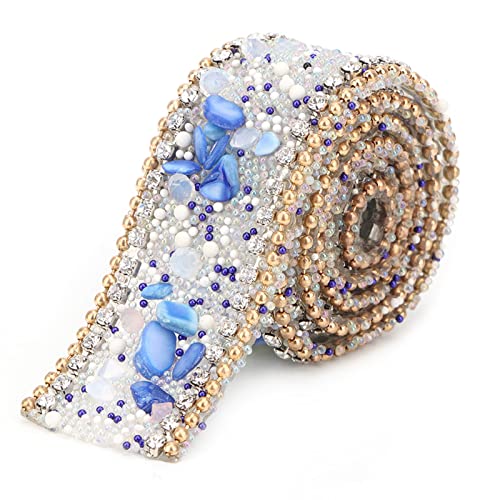 MESH WRAP ROLL CRYSTAL STRASS KETTENBAND DEKORATION FÜR HOCHZEITSACCESSOIRES (Saphirblauer Stein + Goldperlen und Diamantkette) von Aumotop