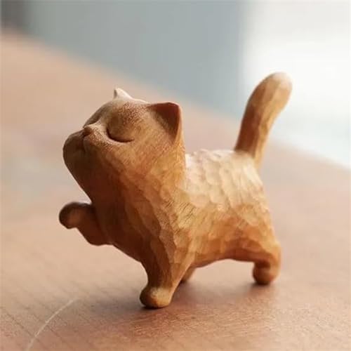 Aumude Kleine niedliche Holzkatze, geschnitztes Holzmodell, handgefertigte niedliche Katze, handgefertigte Holz-Katzenskulptur, Katzenfiguren, Heimdekoration, Miniatur-Katzen-Holzfigur, Geschenk, von Aumude