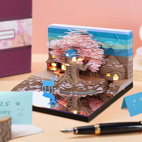 Auniq 2025 Schreibtisch Kalender 3D Notizblock mit Licht, 3D Kirschbaumhaus Wochenkalender 2025 DIY-Notizen Papierskulptur 3D Zeitstück Kalender Geschenk für Weihnachten Neujahr Büro/Schule Dekoration von Auniq