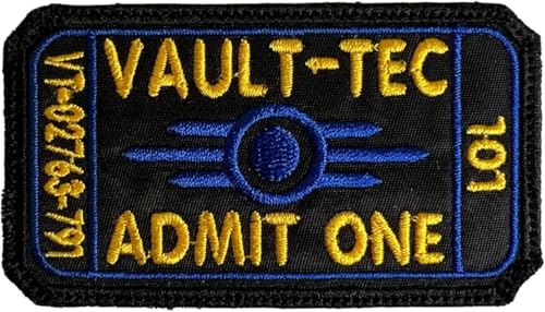 Vault-Tec Admit One Patch schwarzer Hintergrund – lustiger taktischer Militärmoral, bestickter Aufnäher, Hakenverschluss auf der Rückseite von Aunuo