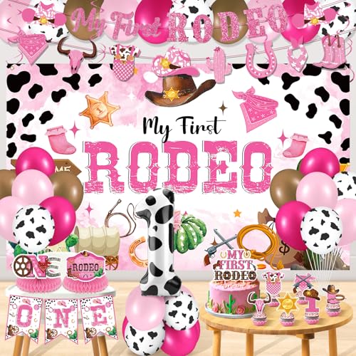 43 Stück My First Rodeo Geburtstagsdekorationen für Mädchen Rosa Cowgirl 1. Geburtstag Dekorationen Cowgirl Western First Birthday Supplies My First Rodeo Birthday Banner Luftballons Kuchen Cupcake von Aupeorry