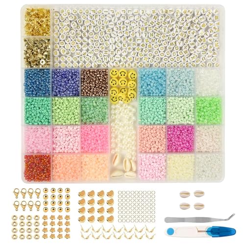 Auptiz 12000 Pieces 3 mm Colourful Glass Beads DIY Set,with 300 Beads Letters,Colourful Letter Beads,DIY Bracelet Jewellery Making Kit,Gift for Christmas, Birthday Party von Auptiz