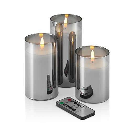 Auraglow 3er Set LED batteriebetriebene ferngesteuerte Rauchglas-Kerzen flammenlose Echtwachs Realistisch flackernde Flamme Effekt mit Timer, Licht und Helligkeit Funktionen von Auraglow
