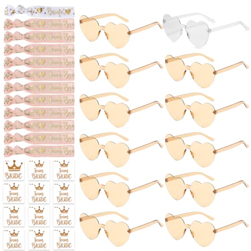 Aurasky 36 Stück JGA Brille Herz Sonnenbrille Set, Brille Team Armbänder Set jga accessoires, 12Herz Sonnenbrille+12Bride Tattoo Aufkleber+12Bride Armband Champagner von Aurasky