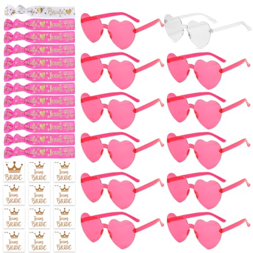 36 Stück JGA Brille Herz Sonnenbrille Set, Brille Team Armbänder Set jga accessoires, 12Herz Sonnenbrille+12Bride Tattoo Aufkleber+12Bride Armband Rosa von Aurasky