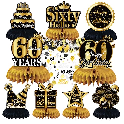 Aurasky 60. Geburtstag Tischdeko Schwarz Gold, 9 Stück Bienenwaben Deko Tischaufsätze Set mit 10g Happy Birthday Konfetti Tischdekoration für Deko 60. Geburtstag 60. jährige von Aurasky