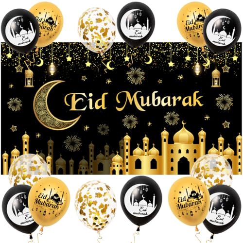 EID Mubarak Dekoration, EID Mubarak Hintergrund Banner, Ramadan Luftballons Schwarz Gold Confetti, Ramadan Kareem Deko für Islam Eid Dekoration Partyzubehör von Aurasky