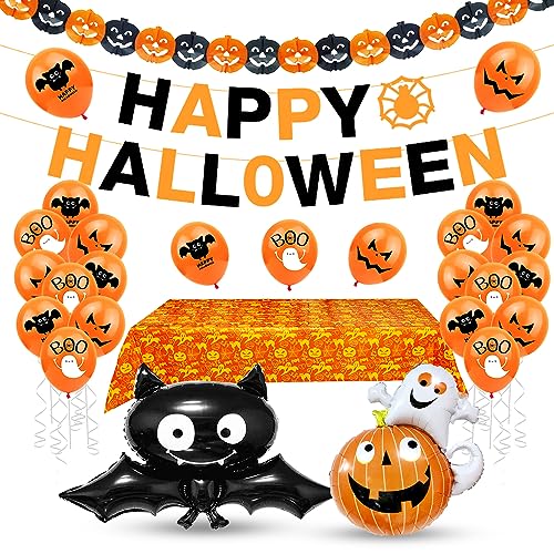 Halloween Deko Kinder Set, Folienballon Kürbis Schläger, Luftballons Orange Druck, Halloween Tischdecke, Happy Halloween Banner, Kürbis Girlande, Halloween Party Dekoration von Aurasky