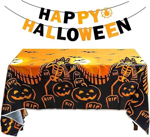 Halloween Tischdecke, 267 x 137 cm Halloween Orange Tischdecke Happy Deko Happy Halloween Banner, Halloween Party Deko Set Gruselige Schläger Tischdekoration Halloween Dekoration für Haus Tisch Garten von Aurasky