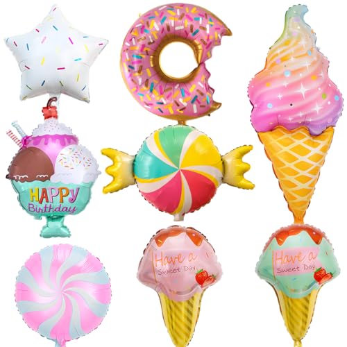 Luftballons Eiscreme, 8 Stück Folienballon Eis Donut Süßigkeiten, Ballons Candy Lollipop, Bunte Luftballon Bonbon, für Geburtstag Sommer Party Dekoration Kinder Geschenk von Aurasky