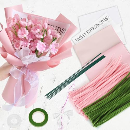 Pfeifenreiniger Blumen Rosa Set, Pfeifenputzer zum Basteln, 150 Stück Chenilledraht mit Geschenkpapier Geschenkband, Pipe Cleaner für DIY Handwerk Dekorationen von Aurasky