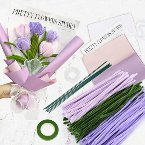 Aurasky Pfeifenreiniger Blumen Lila Set, Pfeifenputzer zum Basteln, 150 Stück Chenilledraht mit 3 Farben, Geschenkpapier Geschenkband, Pipe Cleaner für DIY Handwerk Dekorationen von Aurasky