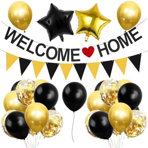 Welcome Home Deko, Welcome Home Banner Wimpelkette, Luftballons Schwarz Gold Stern Konfetti, Willkommen Zuhause Deko, für Babyshower Familienfeiern Einweihung Party Dekoration von Aurasky