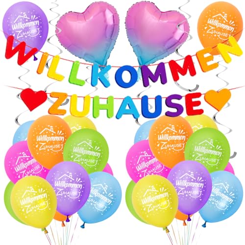 Willkommen Zuhause Deko, Willkommen Zuhause Girlande, Luftballons Bunt, Hängende Wirbel, Folienballon Herz, Welcome Home Dekoration für Babyshower Familienfeiern Einweihung Party von Aurasky