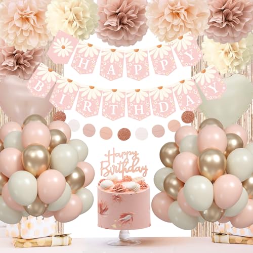 Blush Beige Geburtstag Dekorationen Geburtstag Party Dekor für Frauen Mädchen Boho Geburtstag Party Dekorationen Gänseblümchen Blume Geburtstag Banner Champagner Fransenvorhang von Aurasys