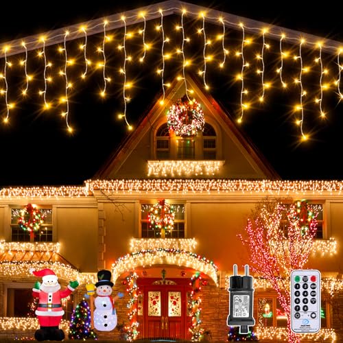 Auriostar Eisregen Lichterkette Außen, 7.5M 306 LED Lichterkette Außen Warmweiß Strom mit Timer 8 Modi, IP44 Wasserdicht Weihnachtsbeleuchtung Außen für Balkon Fenster Haus Weihnachtsdeko Aussen von Auriostar