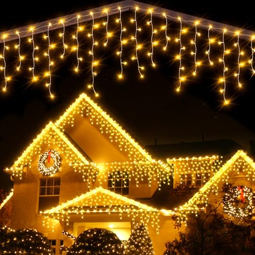 Auriostar Eisregen Lichterkette Außen 15M, 594 LED Weihnachtsbeleuchtung Außen Warmweiß mit Fernbedienung, Lichterkette Außen Strom mit Timer 8 Modi, Wasserdicht für Balkon Fenster Haus Weihnachtsdeko von Auriostar