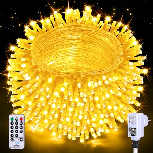 Auriostar Lichterkette Außen 20M 200LED - Lichterkette Outdoor Strom 8 Modi mit Fernbedienung Timer, IP44 Wasserdicht Lichterketten Innen Weihnachtsbaum für Garten Balkon Hochzeit Party Warmweiß von Auriostar