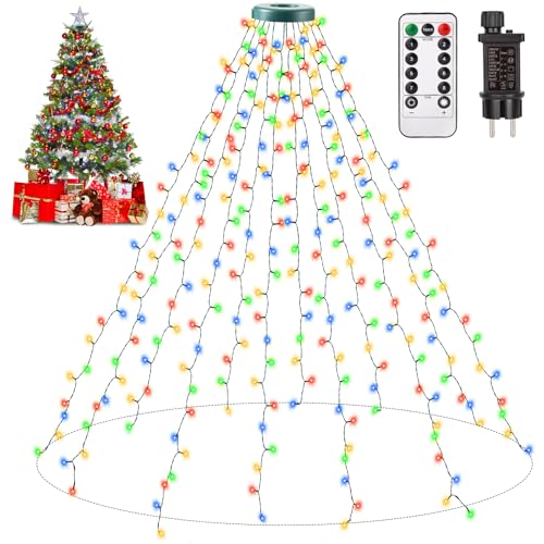 Auriostar Lichterkette Weihnachtsbaum Ring 2.5M - 300 LED 12 Stränge Christbaumbeleuchtung innen, Lichterkette außen 8 Modi Timer, Weihnachtsbeuleuchtung für 150cm, 180cm 250cm Tannenbaum Bunt von Auriostar