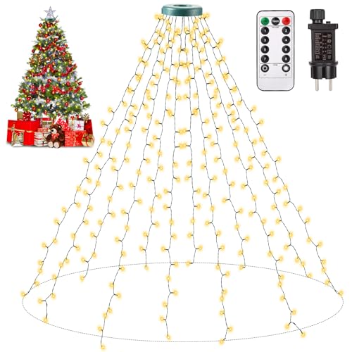 Auriostar Lichterkette Weihnachtsbaum Ring 2.5M - 300 LED 12 Stränge Christbaumbeleuchtung innen, Lichterkette außen 8 Modi Timer, Weihnachtsbeuleuchtung für 150cm, 180cm 250cm Tannenbaum Warmweiß von Auriostar