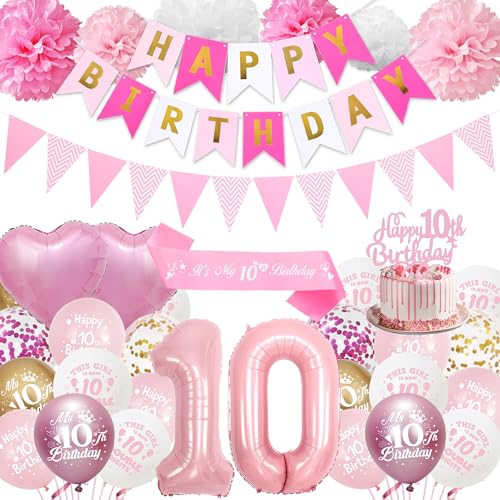 10. Geburtstag Dekorationen für Mädchen Rosa – Happy 10th Birthday Nummer 10 Ballon Latex Ballons Banner Wimpel, Cake Topper Schärpe Seidenpapier Pom Poms für 10 Jahre alte zweistellige Partyzubehör 10. Geburtstag Dekorationen für Mädchen Rosa – Happy 10th Birthday Nummer 10 Ballon Latex Ballons Banner Wimpel, Cake Topper Schärpe Seidenpapier Pom Poms für 10 Jahre alte zweistellige Partyzubehör von Aurmonigo