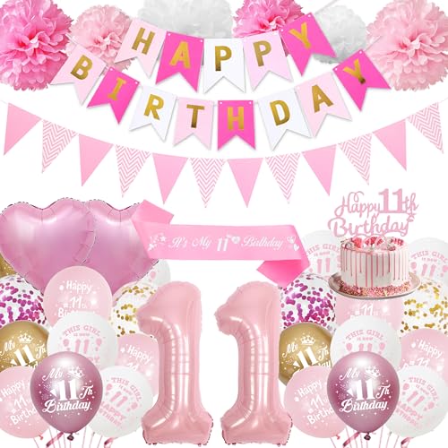 11. Geburtstag Dekorationen für Mädchen Rosa - Happy 11th Birthday Party Nummer 11 Ballon Latex Ballons Banner Wimpel, Cake Topper Schärpe Seidenpapier Pom Poms für 11 Jahre alte Dekoration Supplies 11. Geburtstag Dekorationen für Mädchen Rosa - Happy 11th Birthday Party Nummer 11 Ballon Latex Ballons Banner Wimpel, Cake Topper Schärpe Seidenpapier Pom Poms für 11 Jahre alte Dekoration Supplies von Aurmonigo