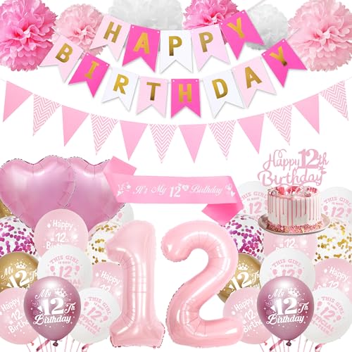 12. Geburtstag Dekorationen für Mädchen Rosa - Happy 12th Birthday Party Nummer 12 Ballon Latex Ballons Banner Wimpel, Cake Topper Schärpe Seidenpapier Pom Poms für 12 Jahre alte Dekoration Supplies 12. Geburtstag Dekorationen für Mädchen Rosa - Happy 12th Birthday Party Nummer 12 Ballon Latex Ballons Banner Wimpel, Cake Topper Schärpe Seidenpapier Pom Poms für 12 Jahre alte Dekoration Supplies von Aurmonigo