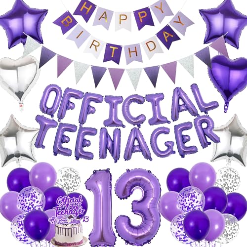 13 Geburtstag Dekorationen für Mädchen - 77 Stück Lila Offizielles Teenager Party Supplies Enthält Happy Birthday Banner Wimpel Schärpe Kuchen Toppers Luftballons für 13 Jahre alte Kinder Geburtstag von Aurmonigo