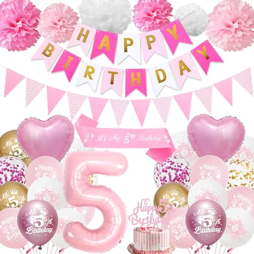 5. Geburtstag Dekorationen für Mädchen Rosa - Happy 5th Birthday Party Nummer 5 Ballon Latex Ballons Banner Wimpel, Cake Topper Schärpe Seidenpapier Pom Poms für 5 Jahre alte Dekoration Supplies 5. Geburtstag Dekorationen für Mädchen Rosa - Happy 5th Birthday Party Nummer 5 Ballon Latex Ballons Banner Wimpel, Cake Topper Schärpe Seidenpapier Pom Poms für 5 Jahre alte Dekoration Supplies von Aurmonigo