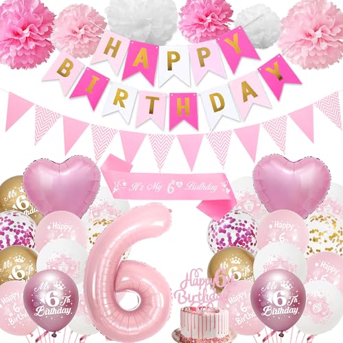 6. Geburtstag Dekorationen für Mädchen Rosa - Happy 6th Birthday Party Nummer 6 Ballon Latex Ballons Banner Wimpel, Cake Topper Schärpe Seidenpapier Pom Poms für 6 Jahre alte Dekoration Supplies 6. Geburtstag Dekorationen für Mädchen Rosa - Happy 6th Birthday Party Nummer 6 Ballon Latex Ballons Banner Wimpel, Cake Topper Schärpe Seidenpapier Pom Poms für 6 Jahre alte Dekoration Supplies von Aurmonigo