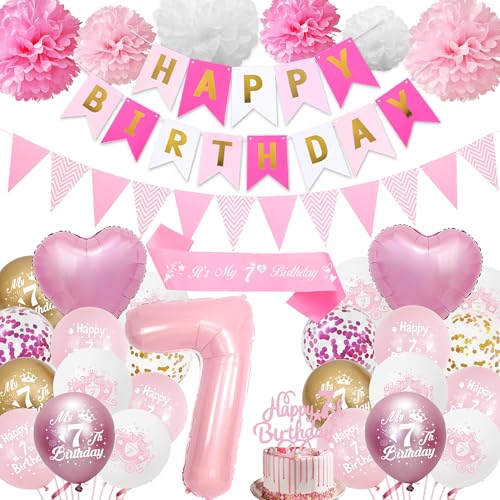 7. Geburtstag Dekorationen für Mädchen Rosa - Happy 7th Birthday Party Nummer 7 Ballon Latex Ballons Banner Wimpel, Cake Topper Schärpe Seidenpapier Pom Poms für 7 Jahre alte Dekoration Supplies 7. Geburtstag Dekorationen für Mädchen Rosa - Happy 7th Birthday Party Nummer 7 Ballon Latex Ballons Banner Wimpel, Cake Topper Schärpe Seidenpapier Pom Poms für 7 Jahre alte Dekoration Supplies von Aurmonigo