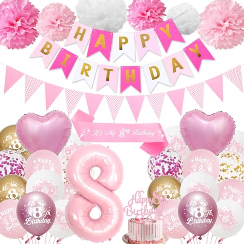 8. Geburtstag Dekorationen für Mädchen Rosa - Happy 8th Birthday Party Nummer 8 Ballon Latex Ballons Banner Wimpel, Cake Topper Schärpe Seidenpapier Pom Poms für 8 Jahre alte Dekoration Supplies 8. Geburtstag Dekorationen für Mädchen Rosa - Happy 8th Birthday Party Nummer 8 Ballon Latex Ballons Banner Wimpel, Cake Topper Schärpe Seidenpapier Pom Poms für 8 Jahre alte Dekoration Supplies von Aurmonigo