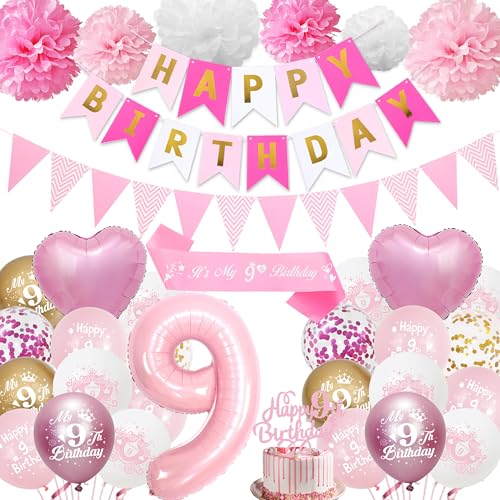 9. Geburtstag Dekorationen für Mädchen Rosa - Happy 9th Birthday Party Nummer 9 Ballon Latex Ballons Banner Wimpel, Cake Topper Schärpe Seidenpapier Pom Poms für 9 Jahre alte Dekoration Supplies 9. Geburtstag Dekorationen für Mädchen Rosa - Happy 9th Birthday Party Nummer 9 Ballon Latex Ballons Banner Wimpel, Cake Topper Schärpe Seidenpapier Pom Poms für 9 Jahre alte Dekoration Supplies von Aurmonigo