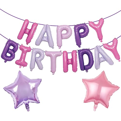 Aurmonigo Happy Birthday Banner Luftballons - Rosa Lila Geburtstag Dekorationen 40,6 cm Ballon Banner, 45,7 cm Sternballons Geburtstag Motto Party Supplies für Kinder und Erwachsene von Aurmonigo