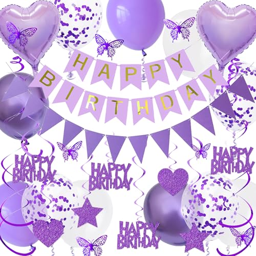 Aurmonigo Happy Birthday Dekorationen für Frauen - Lila Happy Birthday Banner Wimpelkette Folienballons Konfetti Latex Ballon, Hängende Wirbel Schmetterling Dekoration für Mädchen Party Supplies Aurmonigo Happy Birthday Dekorationen für Frauen - Lila Happy Birthday Banner Wimpelkette Folienballons Konfetti Latex Ballon, Hängende Wirbel Schmetterling Dekoration für Mädchen Party Supplies von Aurmonigo