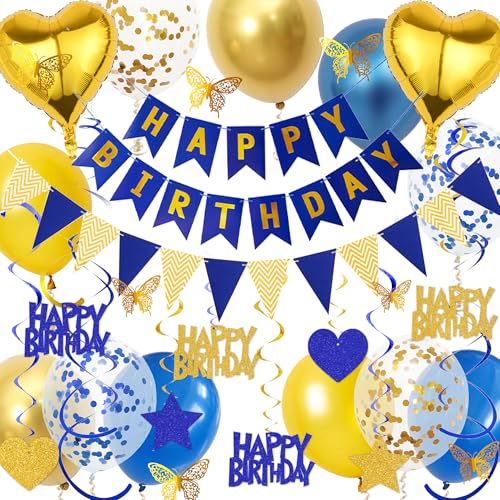 Aurmonigo Happy Birthday Dekorationen für Männer - Blau Gold Happy Birthday Banner Wimpelkette Folienballons Konfetti Latex Ballon, Hängende Wirbel Schmetterling Dekoration für Junge Party Supplies Aurmonigo Happy Birthday Dekorationen für Männer - Blau Gold Happy Birthday Banner Wimpelkette Folienballons Konfetti Latex Ballon, Hängende Wirbel Schmetterling Dekoration für Junge Party Supplies von Aurmonigo