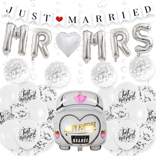 Aurmonigo Just Married Dekorationen Banner - Hochzeit Party Dekoration Girlande Herz Brief Braut Auto Luftballons, Seidenpapier Pom Poms Party Supplies für Mr and Mrs Just Married Decor von Aurmonigo