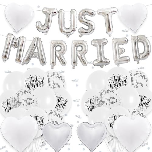 Aurmonigo Just Married Dekorationen Banner - Hochzeit Party Dekoration Herz Brief Ballon Latex Ballons Silber Konfetti Party Supplies für Mr and Mrs Just Married Decor von Aurmonigo