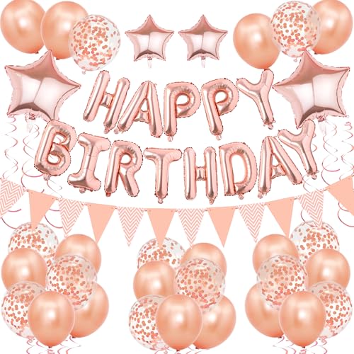 Aurmonigo Rose Gold Geburtstag Dekorationen - Happy Birthday Banner Luftballons Hängende Wirbel Wimpel Sterne Konfetti Latex Ballon für Mädchen und Frauen Geburtstag Party Supplies von Aurmonigo