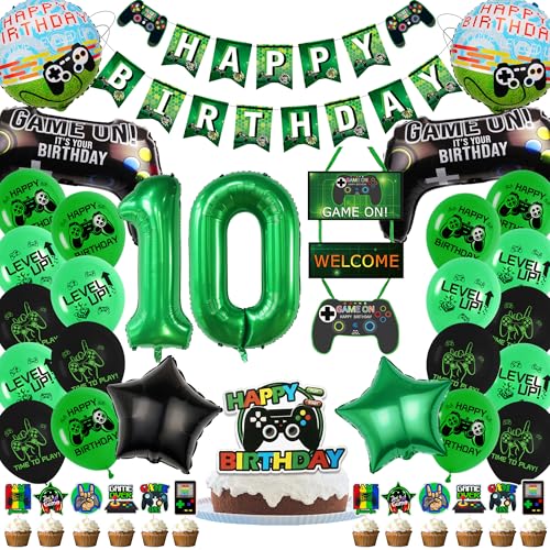 Gaming 10 Geburtstag Dekorationen für Jungen - Grün Videospiel Party Dekorationen Enthält Happy Birthday Banner Cake Topper Türdeko Stern Runde Nummer 12 Folienballons für Spiel Mottoparty von Aurmonigo