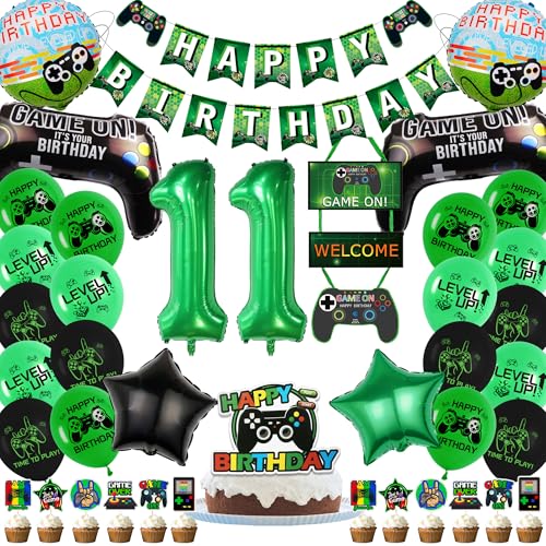 Gaming 11 Geburtstag Dekorationen für Jungen - Grün Videospiel Party Dekorationen Enthält Happy Birthday Banner Cake Topper Türdeko Stern Runde Nummer 12 Folienballons für Spiel Mottoparty von Aurmonigo