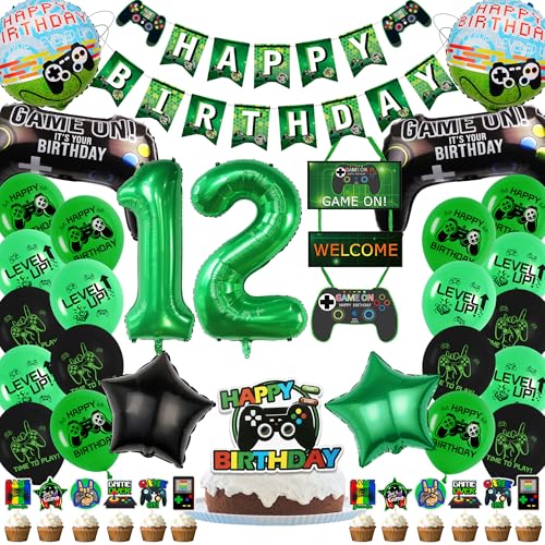 Gaming 12 Geburtstag Dekorationen für Jungen - Grün Videospiel Party Dekorationen Enthält Happy Birthday Banner Cake Topper Türdeko Stern Runde Nummer 12 Folienballons für Spiel Mottoparty von Aurmonigo