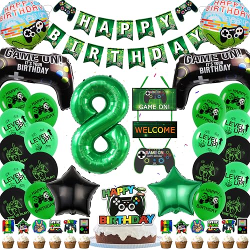 Gaming 8 Geburtstag Dekorationen für Jungen - Grün Videospiel Party Dekorationen Enthält Happy Birthday Banner Cake Topper Türdeko Stern Runde Nummer 12 Folienballons für Spiel Mottoparty von Aurmonigo