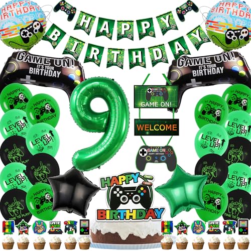 Gaming 9 Geburtstag Dekorationen für Jungen - Grün Videospiel Party Dekorationen Enthält Happy Birthday Banner Cake Topper Türdeko Stern Runde Nummer 12 Folienballons für Spiel Mottoparty von Aurmonigo