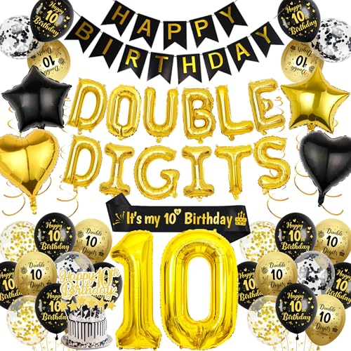 Happy 10th Birthday Dekorationen für Jungen, 77 Stück Schwarz und Gold Doppelstellige Thema inklusive Banner, Zahl 10 Luftballons, hängende Wirbel, It's My Birthday Schärpe, für 10 Jahre alte von Aurmonigo