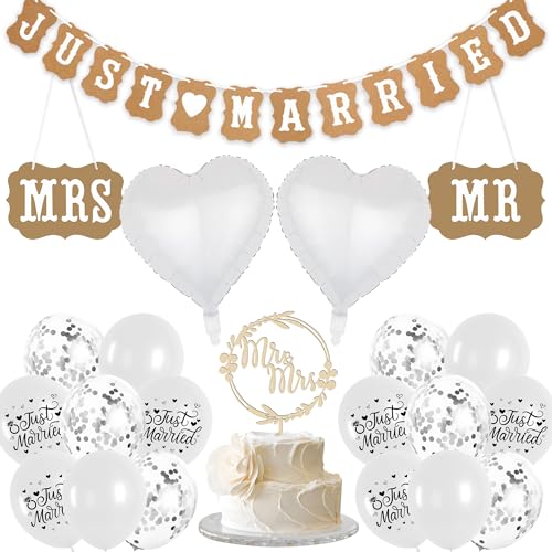 Just Married Hochzeitsparty-Dekorationen – Jubiläums-Partyzubehör enthält Banner, Tortenaufsatz, Mr and Mrs, Kraftpapier, hängende Herz-Folienballons für Verlobung, Brautparty, Dekor von Aurmonigo