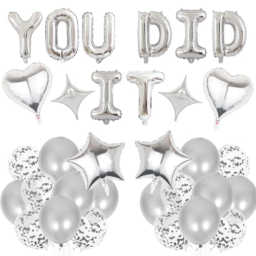 Abschlussdekorationen Congratulations Party Banner - You Did It Banner Silber Well Done Dekoration, Stern Herz Folie Latex Ballon für Ruhestand Jahrestag Hochzeit Party Supplies von Aurmonigo